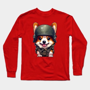 Funny military corgi in helmet Long Sleeve T-Shirt